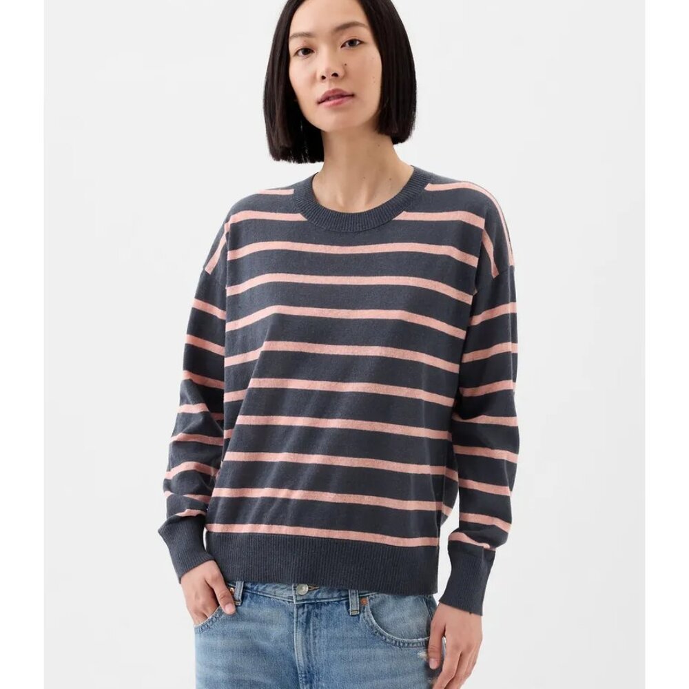 GAP Linen-Blend Navy/Pink Stripe Crewneck Sweater/NWT/L